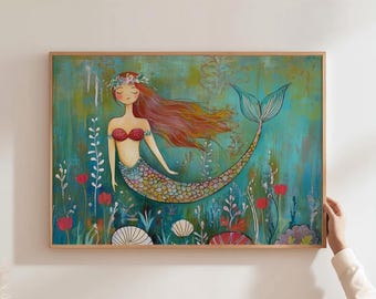 Mermaid Nursery Art Girl Bedroom Mermaid Print Boho Nursery Decor Mermaid Art For Girl Room Mermaid Nursery Art Mermaid Painting