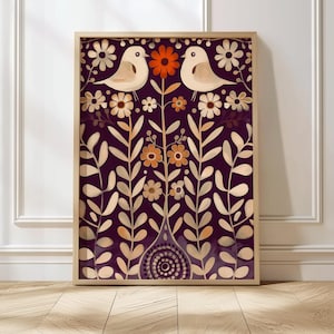Nordic Folk Art Scandi Bird Print Purple Wall Art Norway Folk Art Poster Purple Folklore Decor Scandinavian Folk Painting Folk Bird Art