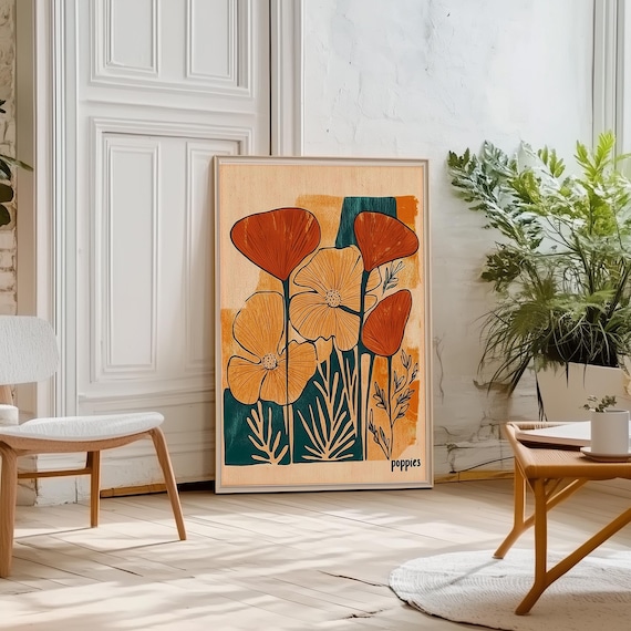 California Poppies Art  Mid Century Modern Print Yellow Flower Art Cinco De Mayo Wall Art Matisse Style Botanical Wall Art Vintage Poppies