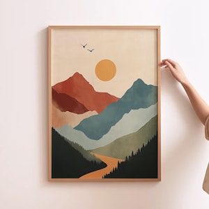 Art scandinave montagne, impression montagne, décoration de chambre d'enfant, art mural montagne bohème, art mural thème aventure, impressions de chambre de style nordique