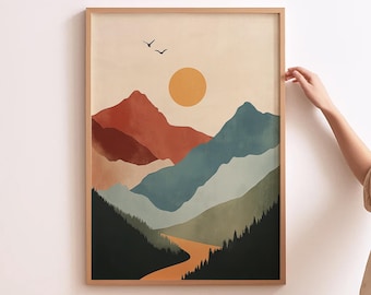 Scandinavian Mountain Art Mountain Print Tree Nursery Decor Bohemian Mountain Wall Art Adventure Theme Wall Art Nordic Style Room Prints