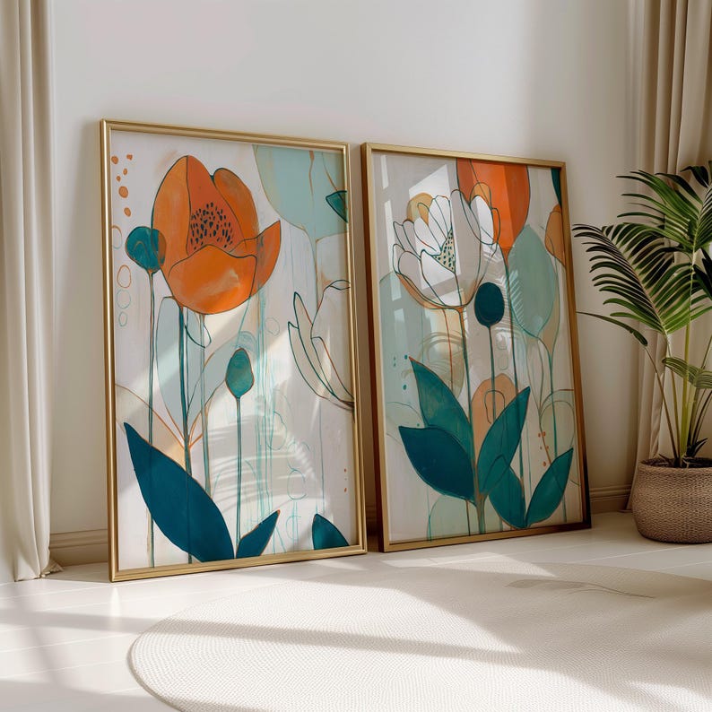 Modern Floral Wall Art Set, Abstract Botanical Prints, Teal and Orange ...