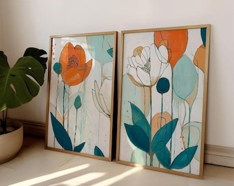 Modern Floral Wall Art Set, Abstract Botanical Prints, Teal and Orange Flower Artwork, Contemporary Minimalist Plant Decor