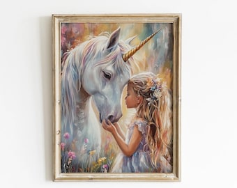 Nursery Unicorn Print, Unicorn Art For Kids Magical Nursery Print Little Girl And Her Unicorn Friendship Art Pink Unicorn Painting Girl Art