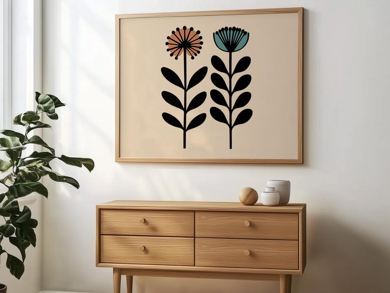 Abstract Floral Prints Mid Century Modern Printable Wall Art Beige and