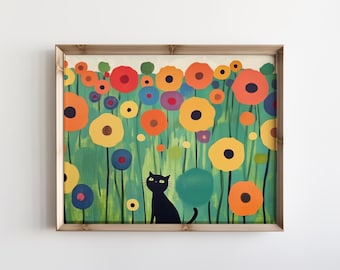 Black Cat In Flower Field Abstract Cat Print Contemporary Cat Painting Black Cat Wall Art  Abstract Cat Art Maximalist Cat Monochrome Cat