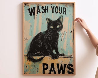 Arte de baño para gatos, lávate las patas, estampado divertido de gato, decoración de pared para gatos, regalo para mamá amante de los gatos, arte de pared de gato negro, estampado divertido de animales, arte humorístico para el baño