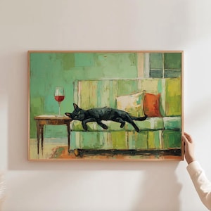 Black Cat Wall Art Funny Cat Print Drunk Cat Art Cat Drinking Wine Cat Lover Wall Art Funny Cafe Art Dark Green Wall Decor Funny Wine Art