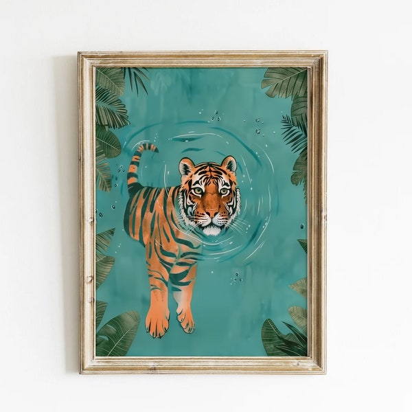 Tiger Art Print, Kids Room Jungle Art, Tiger wall Art, Safari Animals, Tiger Poster, Tropical Wall Decor, Jungle Painting, Swimming Tiger