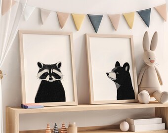 Woodland Nursery Art Set Of 2 Monochrome Prints Minimalist Nursery Art Woodland Animals Neutral Kid Room Art Black On Beige Nursery Animals
