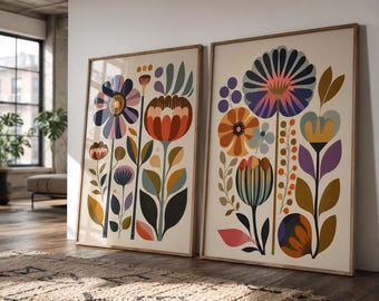 Scandinavian wall art norwegian folk decor floral print set of 2 nordic wall prints scandi folk poster boho wall decor happy living room art
