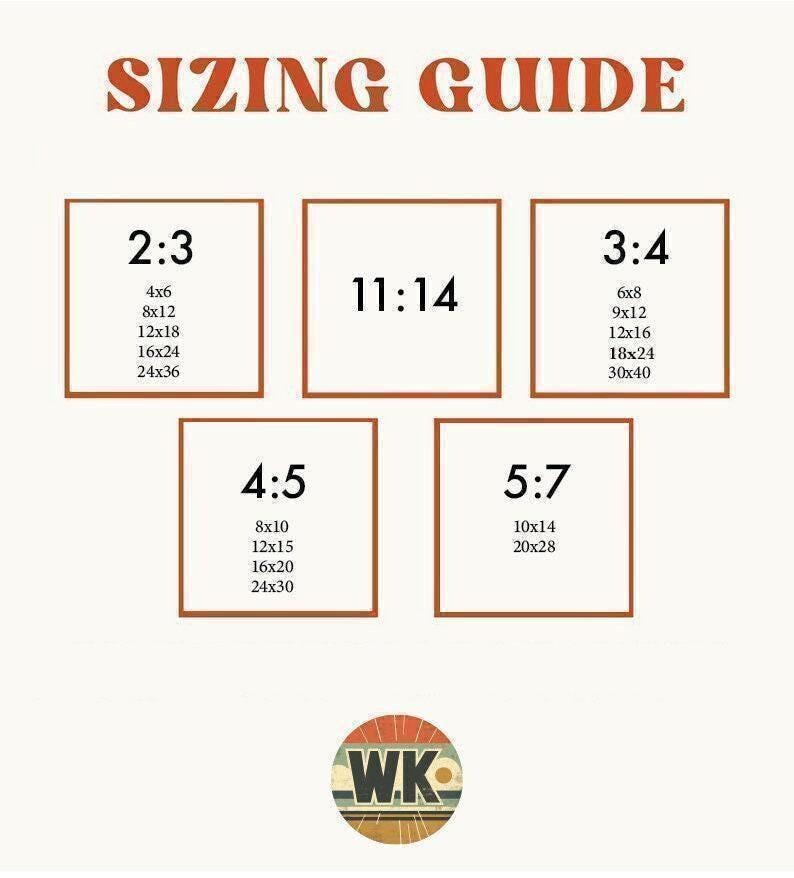 A brown "SIZING GUIDE" graphic with five rectangular frames showing aspect ratios and print sizes. The guide includes ratios 2:3, 11:14, 3:4, 4:5, and 5:7, with sizes in inches. A circular logo with "WK" is at the bottom.