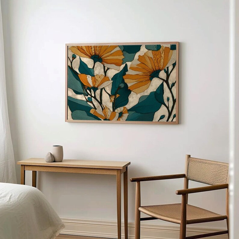 Botanical Wall Art Floral Teal Print Modern Flower Wall Art Abstract ...