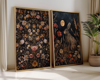 Moody Floral Wall Art Dark Botanical Wall Art Moody Hare Painting Cottagecore Painting Witchy Room Art Dark Academia Prints Rustic Farmhouse