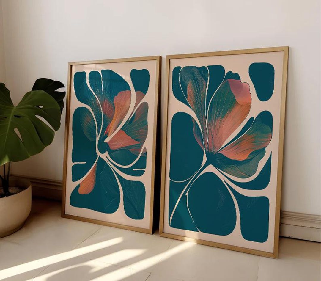 Abstract Floral Print Set, Teal & Coral Botanical Wall Art, Modern Home ...