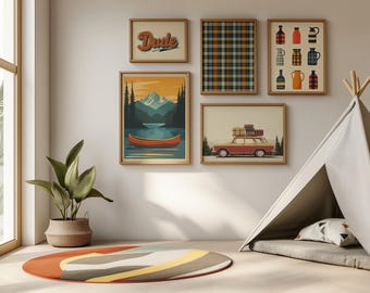 Juego de 5 impresiones de arte para habitación de niño, arte de campamento para niños, arte de pared de aventuras, decoración de aventuras en la montaña, póster de autos antiguos, arte de aventuras al aire libre