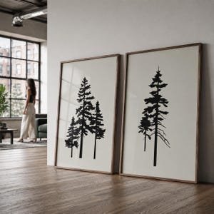 Pine tree prints set of 2 abstract nature art black on beige minimal tree print pine tree wall art nature home decor cedar tree prints