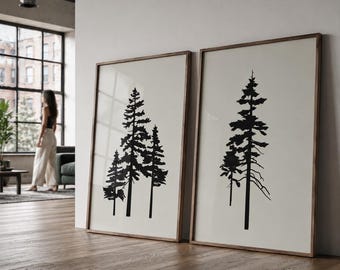 Pine tree prints set of 2 abstract nature art black on beige minimal tree print pine tree wall art nature home decor cedar tree prints