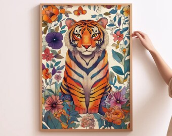 Lámina artística de tigre floral, decoración de pared colorida con animales de la selva.