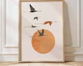 Japanese Crane Wall Art Sunset Bird Print Modern Crane Painting Elegant Bird Decor Crane Prints for Living Room