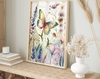 Nursery Butterfly Print, Butterfly Wall Art, Boho Kids Art, Wildflower Nursery Prints, Watercolor Butterfly Painting, Spring Nursery Decor