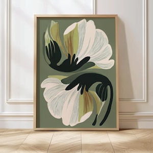 Lámina decorativa floral verde para pared, póster botánico moderno, arte floral verde oliva, lámina minimalista de naturaleza. imagen 6