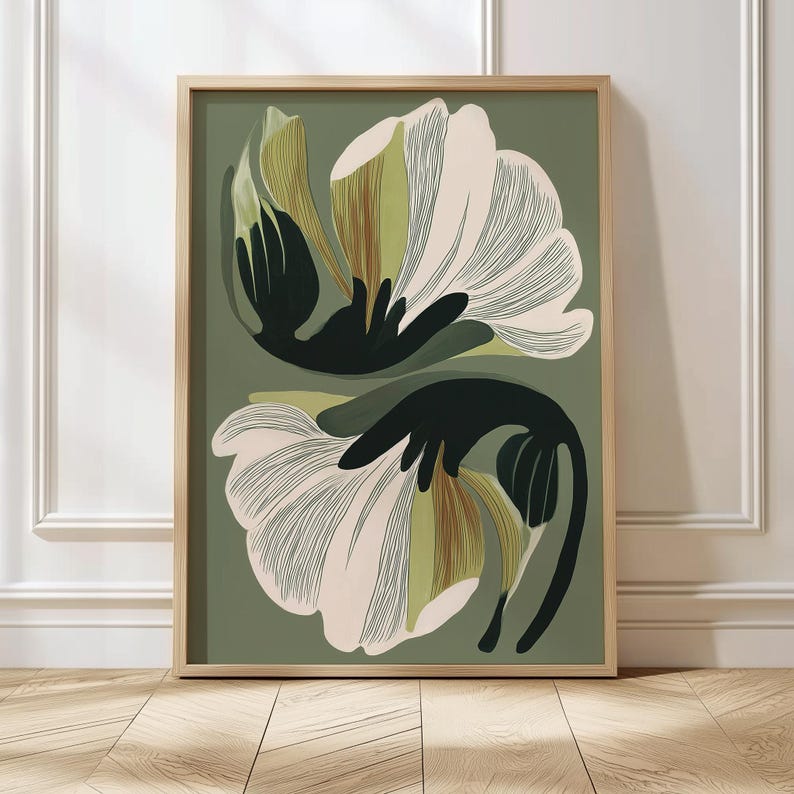 Lámina decorativa floral verde para pared, póster botánico moderno, arte floral verde oliva, lámina minimalista de naturaleza. imagen 6