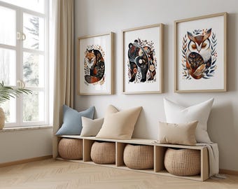 Woodland Animal Prints Set Of 3 Kids Forest Room Decor Boho Forest Animal Art Adventure Nursery Prints Woodland Animal Art Nordic Kids Art