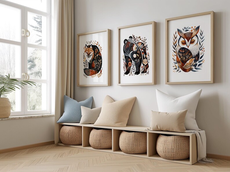 Woodland Animal Prints Set Of 3 Kids Forest Room Decor Boho Forest Animal Art Adventure Nursery Prints Woodland Animal Art Nordic Kids Art image 1