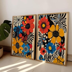 Abstract Botanical Art Floral Set of 2 Maximalist Flower Wall Art Botanical Bedroom Print Modern Home Decor Mid Century Print Retro Wall Art