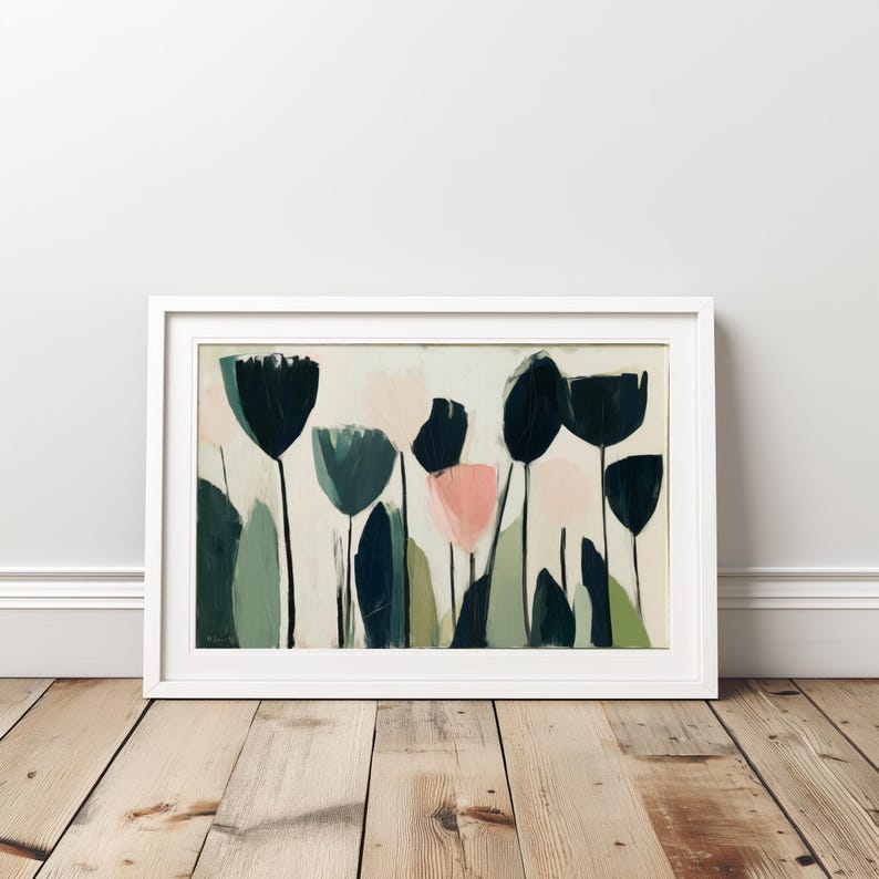 Neutral Floral Art Print Mid Century Tulip Painting Botanical Spring ...