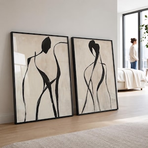 Abstract line art modern people print mid century wall decor minimalist poster living room prints female figure wall decor black on beige
