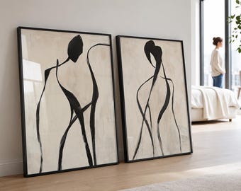 Abstract line art modern people print mid century wall decor minimalist poster living room prints female figure wall decor black on beige