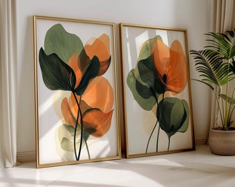 Abstract Botanical Art Floral Print Set of 2 Modern Floral Wall Art Botanical Bedroom Prints Modern Living Room Art Mid Century Home Decor