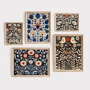 Scandinavian Art Norwegian Folk Art Floral Bird Print Nordic Art Gallery Living Room Art Modern Home Decor, Cafe Art Set Scandi Norway Art