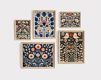 Scandinavian Art Norwegian Folk Art Floral Bird Print Nordic Art Gallery Living Room Art Modern Home Decor, Cafe Art Set Scandi Norway Art