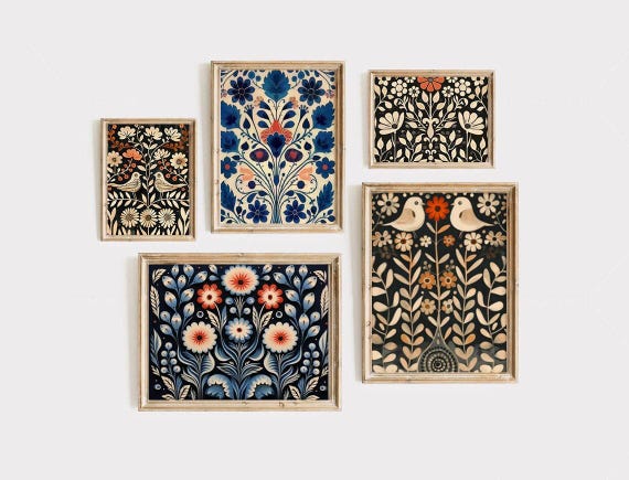 Scandinavian Art Norwegian Folk Art Floral Bird Print Nordic Art Gallery Living Room Art Modern Home Decor, Cafe Art Set Scandi Norway Art