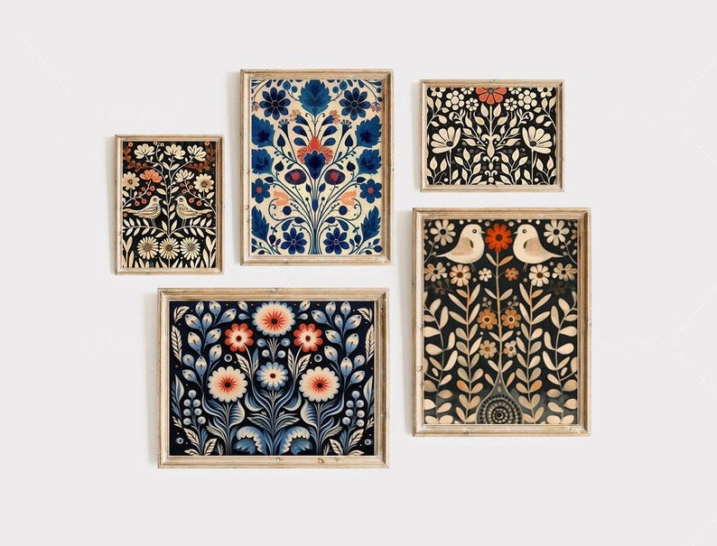 Scandinavian Art Norwegian Folk Art Floral Bird Print Nordic Art Gallery Living Room Art Modern Home Decor, Cafe Art Set Scandi Norway Art image 1