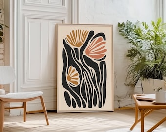 Schwarz-beige Blumenwandkunst, von Matisse inspirierter botanischer Druck, Japandi-Stil-Plakat, Boho-abstraktes Blumendekor
