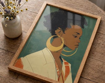 African American Woman Portrait Art Print, Emerald Green and Gold, Modern Wall Decor