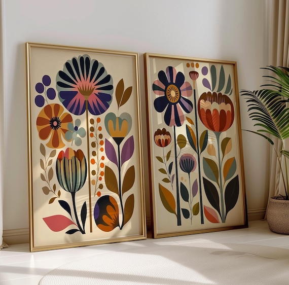 Scandinavian Wall Art Norwegian Folk Decor Floral Print Set of 2