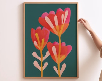 Floral Art Mid Century Flower Painting Teal Botanical Poster Spring Flower Art Modern Dining Room Print Spring Tulip Wall Art Tulip Painting