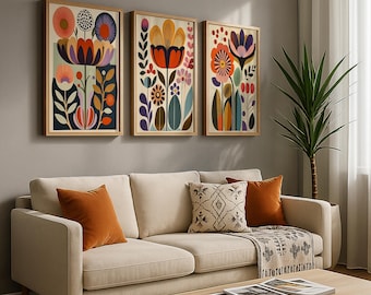 Arte escandinavo, arte popular noruego, estampado floral, juego de 3, arte de pared nórdico, póster popular escandinavo, decoración de pared bohemia, impresiones para sala de estar