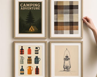 Boys Camping Wall Art Set of 4, Adventure Room Decor, Rustic Kids Bedroom Print, Cabin Camp Poster, Woodland Nursery Art