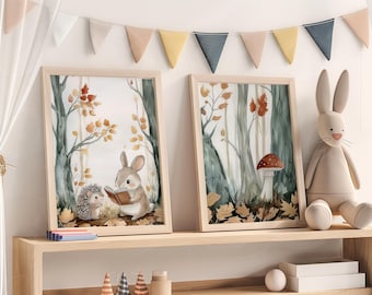 Woodland Animals  Nursery Art Set Of 2 Hedgehog Nursery Art Woodland Prints Forest Nursery Woodland Bunny Art Watercolor Mushroom Print