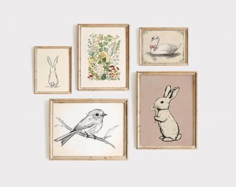 Vintage Nursery Art Bunny Nursery Print Set Of 5 Farmhouse Wall Art Wildflower Wall Decor Baby Girl Nursery Print Vintage Baby Room Wall Art