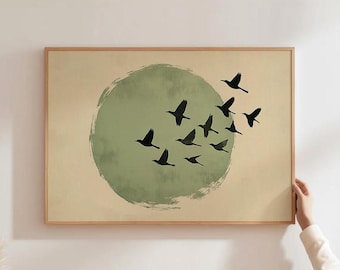 Väggkonst med fåglar Moderna japanska väggtavlor Salviagrön väggdekor Minimalistisk japansk konst Skandinaviska väggtavlor Jordnära konst