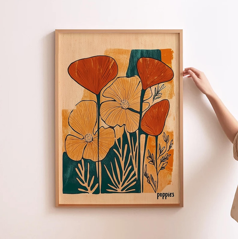 California Poppies Art Mid Century Modern Print Yellow Flower Art Cinco De Mayo Wall Art Matisse Style Botanical Wall Art Vintage Poppies image 3