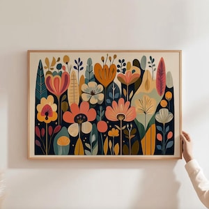 Abstracte botanische print, bloemenkunst, bloemenmuurdecoratie uit het midden van de vorige eeuw, botanische slaapkamerprint, boho woonkamerkunst, interieurdecoratie uit het midden van de vorige eeuw