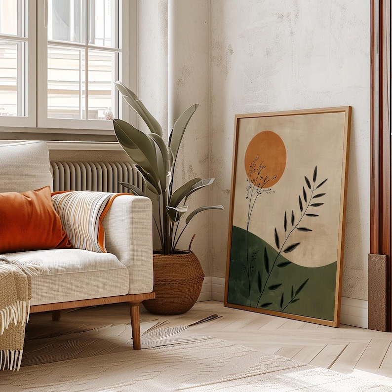 Japandi Wall Art Minimalist Japanese Art Scandi Prints Beige Green Decor Modern Scandinavian Art Japanese Poster Sun Art Scandi Wall Art image 1